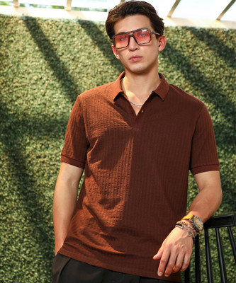 CAMPUS SUTRA Self Design Men Polo Neck Brown T-Shirt