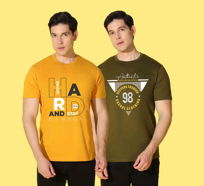 WOOSTRO Printed Men Round Neck Yellow, Green, Navy Blue T-Shirt