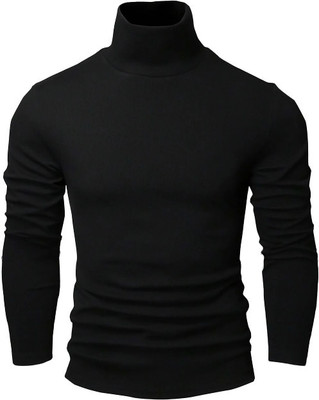 Leotude Solid Men High Neck Black T-Shirt