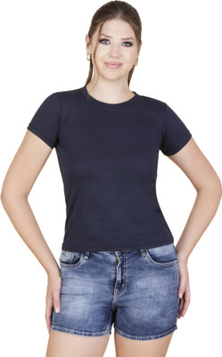 LAVANI Solid Women Round Neck Navy Blue T-Shirt