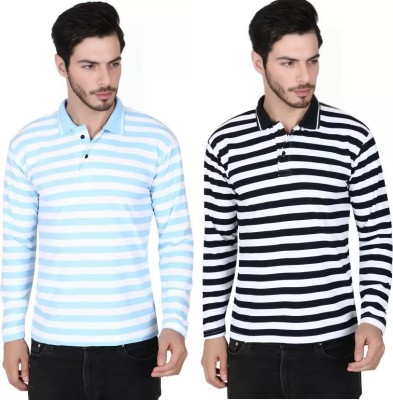 R ROCKIN TEES Striped Men Polo Neck Light Blue, Black T-Shirt