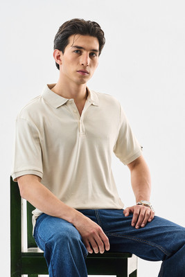 Snitch Solid Men Polo Neck Beige T-Shirt