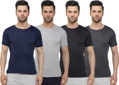 MISSILLE Solid Men Round Neck Navy Blue, Grey, Black T-Shirt