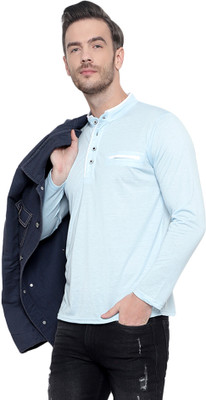Moordale Fab Solid Men Mandarin Collar Blue T-Shirt