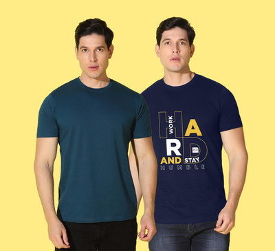 WOOSTRO Printed, Solid Men Round Neck Blue T-Shirt
