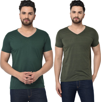 Tresna Fab Solid Men V Neck Dark Green T-Shirt