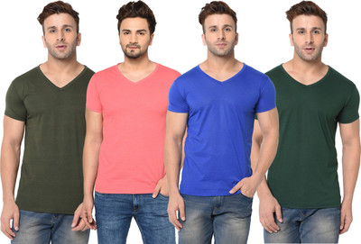 JB Jagoboy Solid Men V Neck Green, Blue, Pink T-Shirt