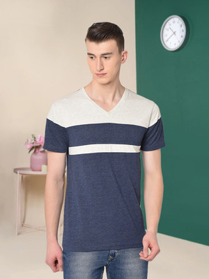 METRONAUT Colorblock Men V Neck Blue T-Shirt