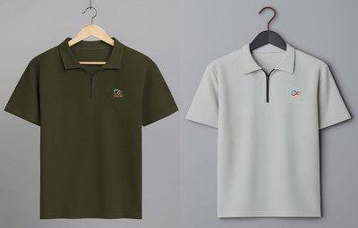 Stelino Self Design Men Polo Neck Light Green, Grey T-Shirt