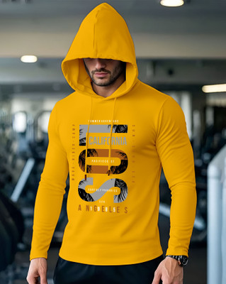 AUSK Printed Men Hooded Neck Yellow T-Shirt