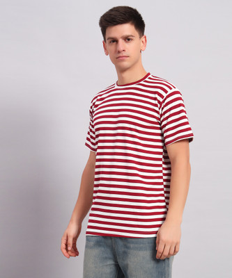 ZEPPI Striped Men Round Neck Maroon, White T-Shirt