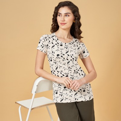 Honey By Pantaloons Floral Print Women Round Neck Beige T-Shirt