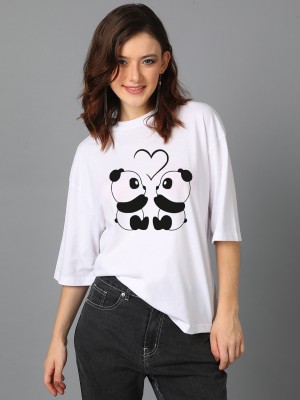 KOTTY Printed Women Round Neck White T-Shirt