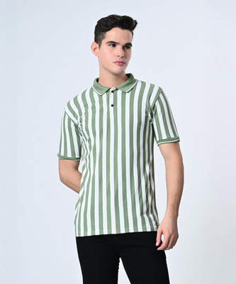 Dam Striped Men Polo Neck Dark Green, White T-Shirt