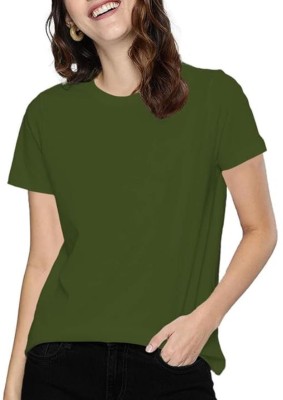 THE BLAZZE Solid Women Round Neck Dark Green T-Shirt