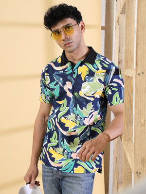 RIGO Printed Men Polo Neck Blue T-Shirt