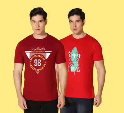 WOOSTRO Printed Men Round Neck Red, Maroon T-Shirt