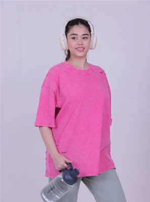 The Falcon Sports Solid Women Round Neck Pink T-Shirt