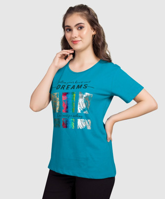 Monisha Plus Printed, Typography Women Round Neck Blue T-Shirt