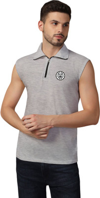 tfurnish Printed Men Polo Neck Grey T-Shirt