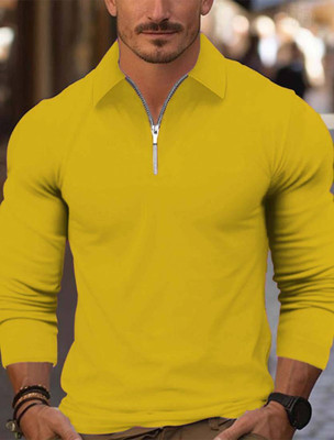 AKASH FASHION CLUB Solid Men Zip Neck Yellow T-Shirt