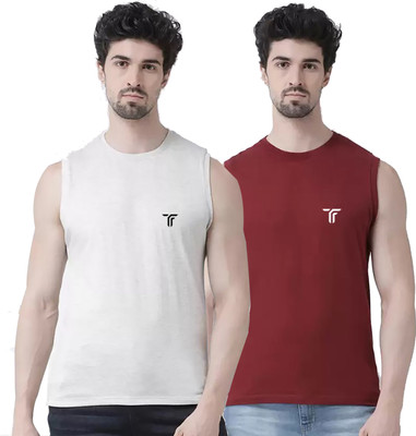 Think Tech Solid Men Round Neck White, Maroon T-Shirt