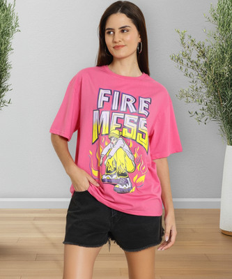 Fabflee Printed, Typography Women Round Neck Pink T-Shirt