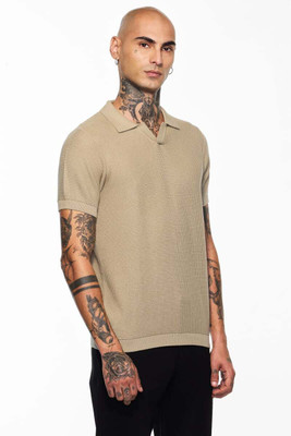 Snitch Self Design Men Polo Neck Beige T-Shirt
