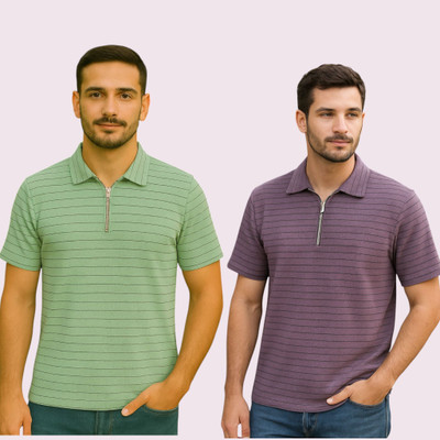 METRONAUT Striped Men Polo Neck Light Green, Purple T-Shirt