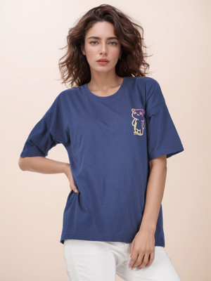 BlueFicus Printed Women Round Neck Navy Blue T-Shirt