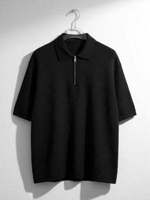 Jump Cuts Self Design Men Polo Neck Black T-Shirt