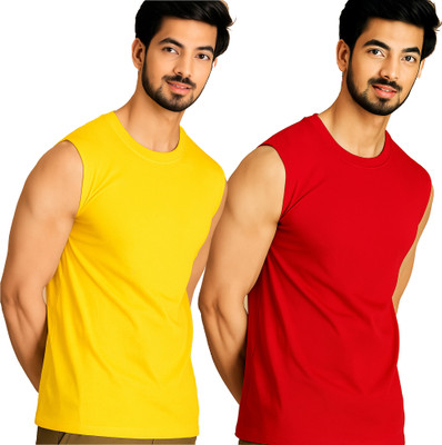 Adorbs Solid Men Round Neck Yellow, Red T-Shirt