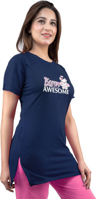 HOC Printed Women Round Neck Navy Blue T-Shirt