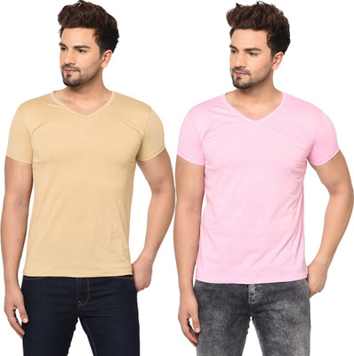 Tresna Fab Solid Men V Neck Beige, Pink T-Shirt