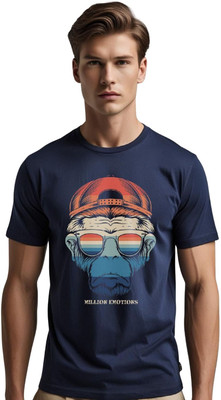 Millionemotions Printed Men Round Neck Navy Blue T-Shirt