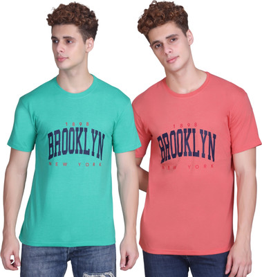 Zeffit Printed Men Round Neck Light Blue, Pink T-Shirt