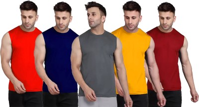 Think Tech Solid Men Round Neck Red, Dark Blue, Grey, Yellow, Maroon T-Shirt