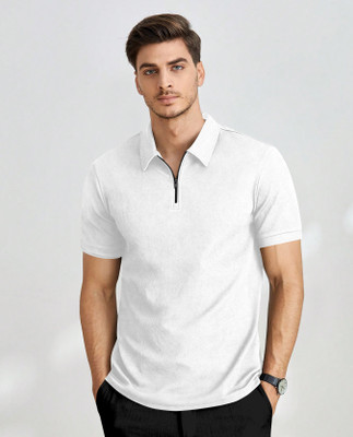 PRAIZY Solid, Self Design Men Zip Neck White T-Shirt