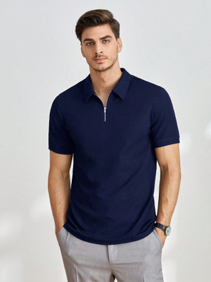 Paralians Self Design Men Zip Neck Blue T-Shirt