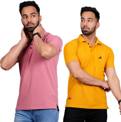 addiz Solid Men Polo Neck Pink, Yellow T-Shirt