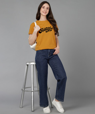 Adyavastram Typography Women Round Neck Yellow T-Shirt