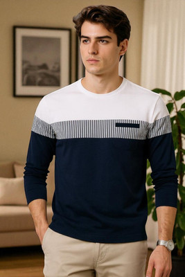 Autna Colorblock Men Round Neck Navy Blue, White T-Shirt