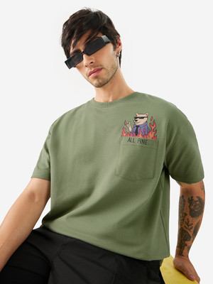 The Souled Store Graphic Print Men Round Neck Green T-Shirt