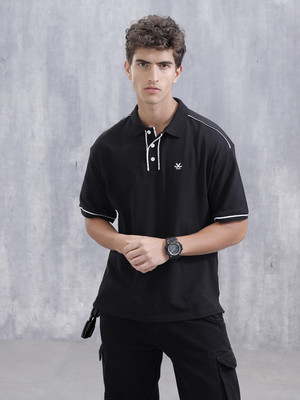 WROGN Solid Men Polo Neck Black T-Shirt
