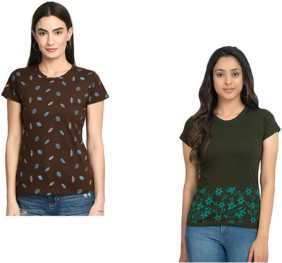 IndiWeaves Printed Women Round Neck Multicolor T-Shirt