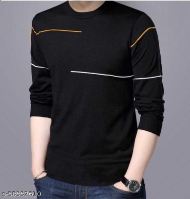 Vuzzan Striped Men Round Neck Black T-Shirt