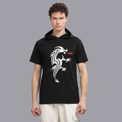 SolaceActive Graphic Print Men Hooded Neck Reversible Black T-Shirt