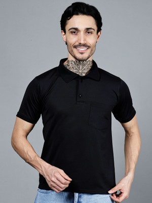 KISROLI Solid Men Polo Neck Black T-Shirt
