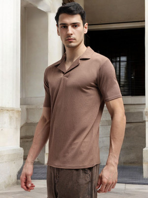 FARROWX Self Design Men Polo Neck Brown T-Shirt