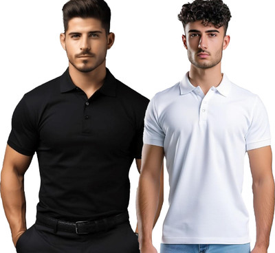 JEDFER Solid Men Polo Neck Black, White T-Shirt